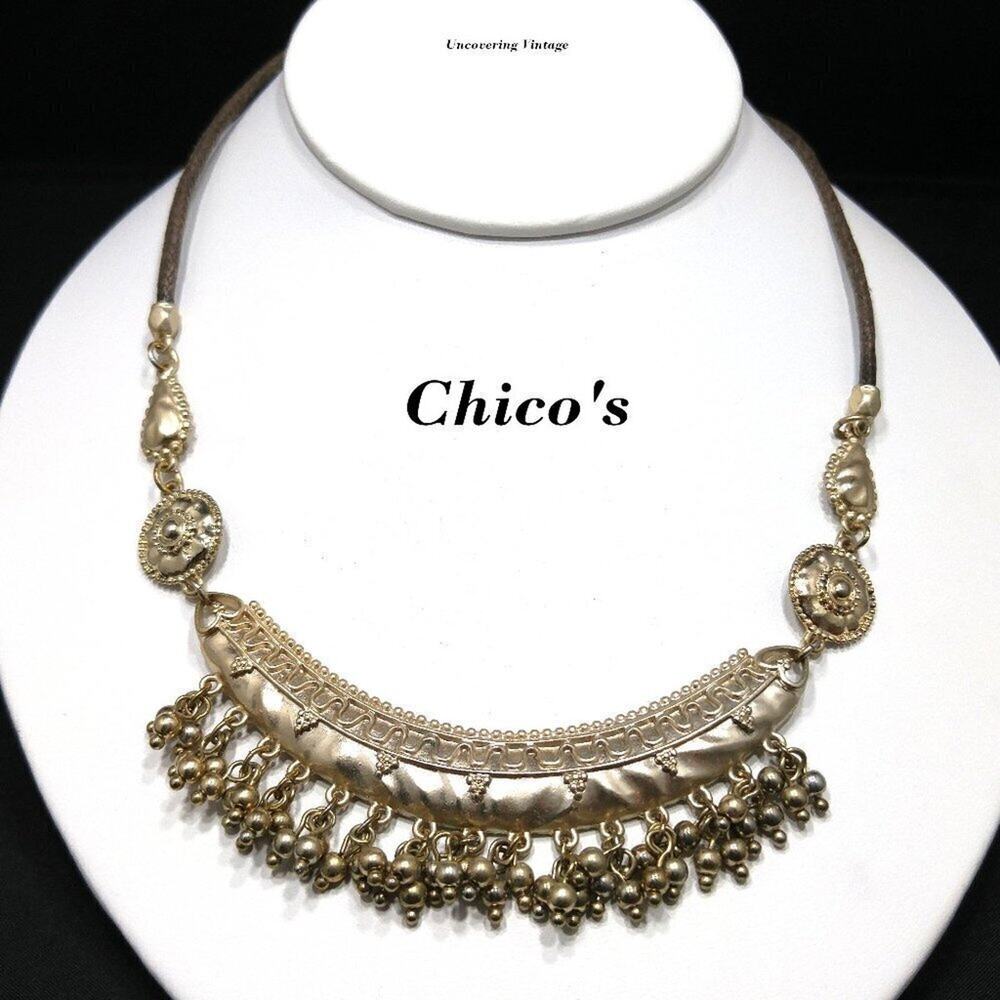Chico's Gold Tone Dangles Pendant Necklace, Brown Cotton Braided Cord, 23 Inches